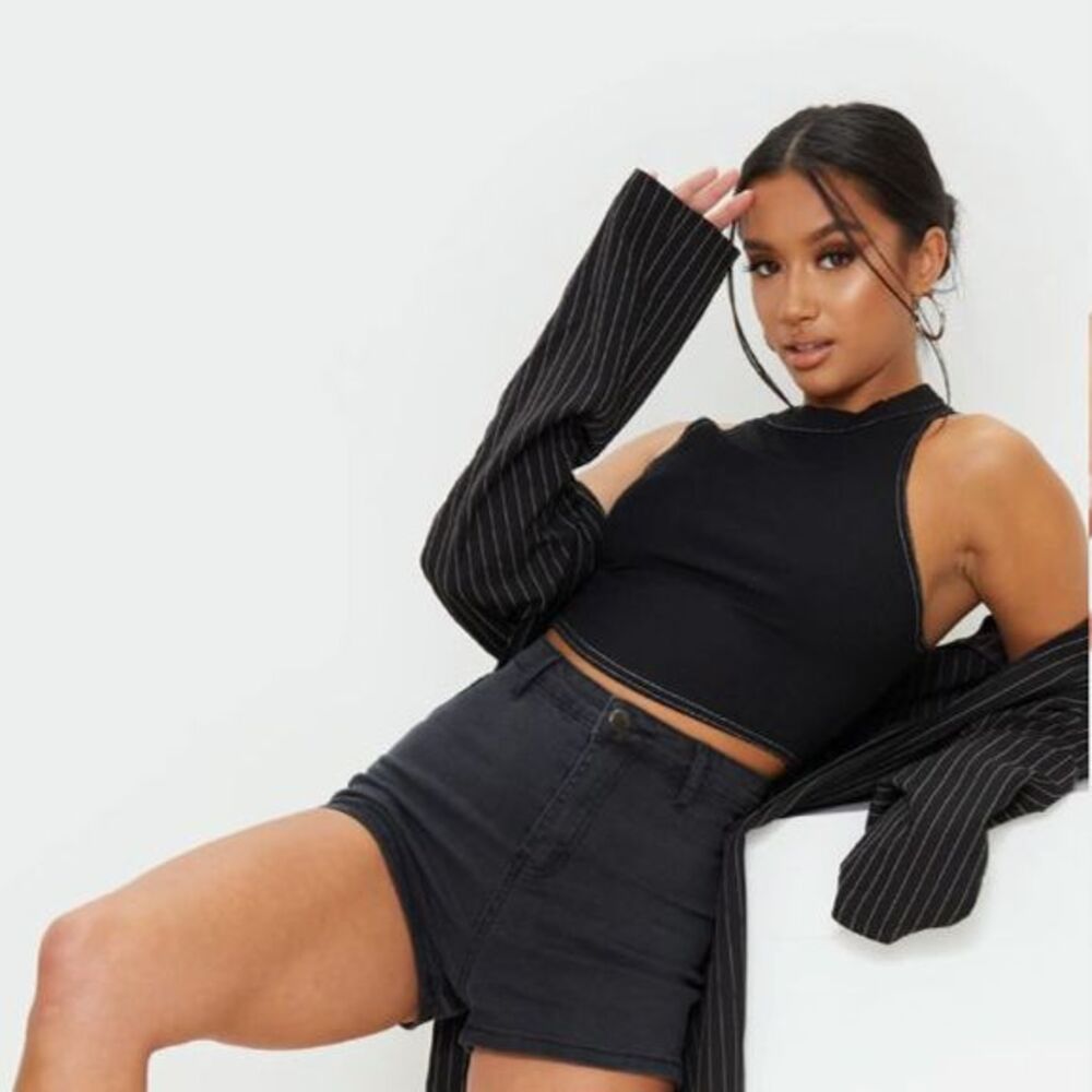 Petite High Waist Black Denim Disco Shorts - Picture 2 of 8